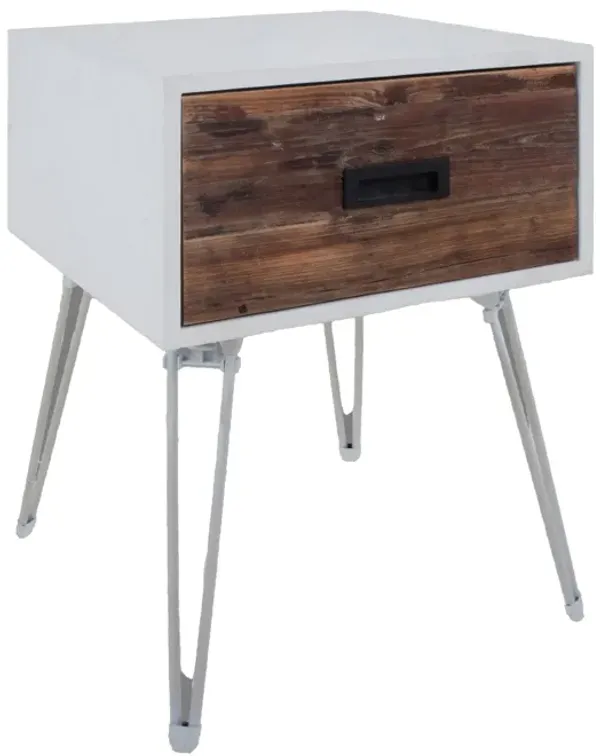 Fem 23 Inch Modern Side End Table, 1 Drawer, Angled Base, White Brown Wood - Benzara