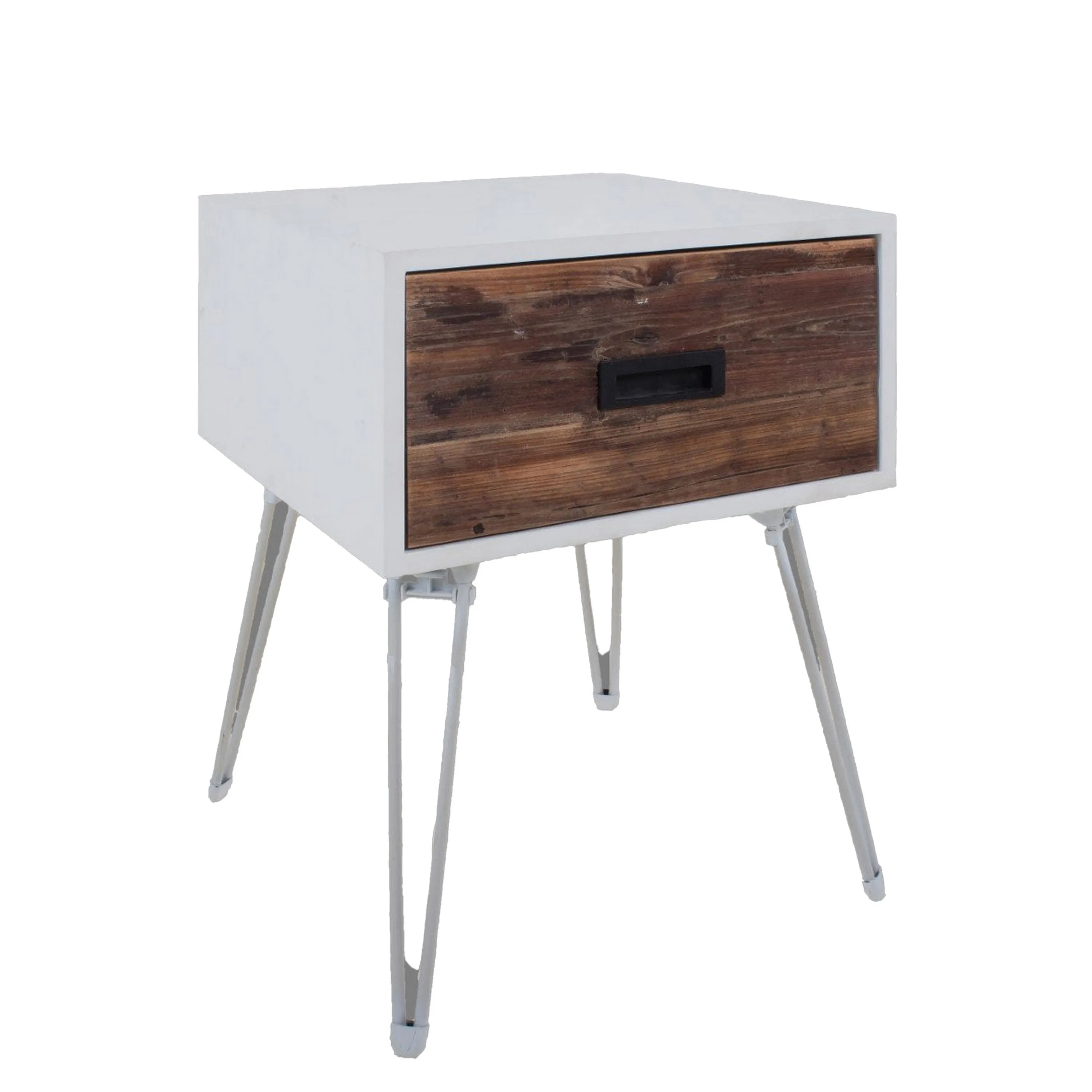 Fem 23 Inch Modern Side End Table, 1 Drawer, Angled Base, White Brown Wood - Benzara