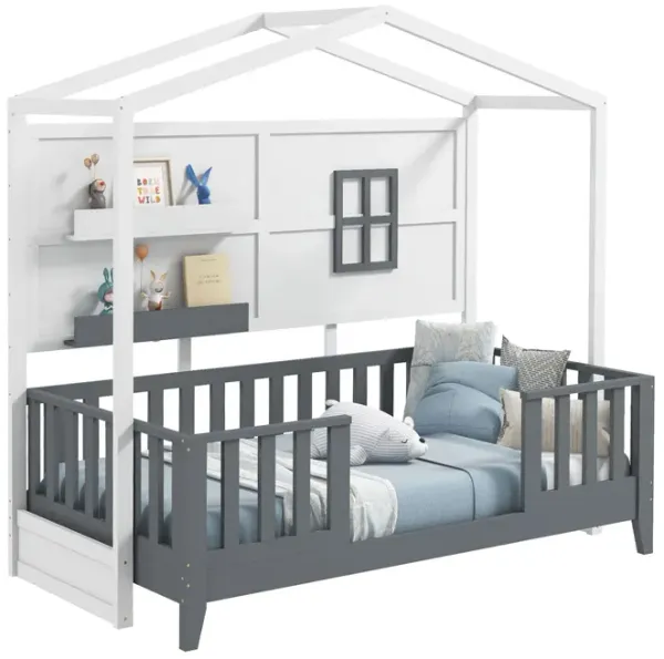 Grey & White Twin Montessori House Bed, Wood Floor Bed with Guardrails & 2 Shelves for Kids