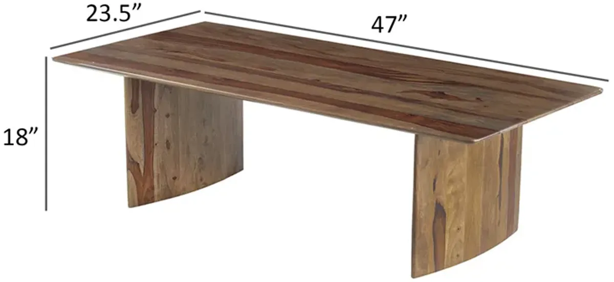 Dice 47 Inch Coffee Table, Rectangular Top, Dual Base, Brown Sheesham Wood - Benzara