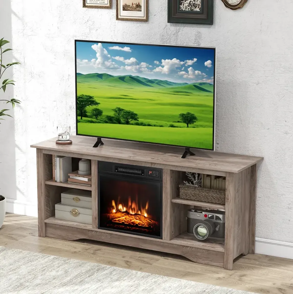 TV Stand for up to 65 Inch Flat Screen TVs with Adjustable Shelves for 18 Inch Electric Fireplace