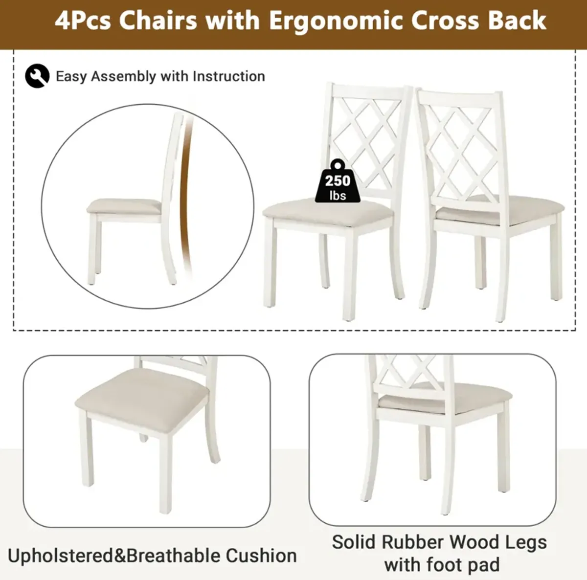 Mid-Century Solid Wood 5-Piece Round Dining Table Set, Kitchen Table Set with Upholstered Chairs