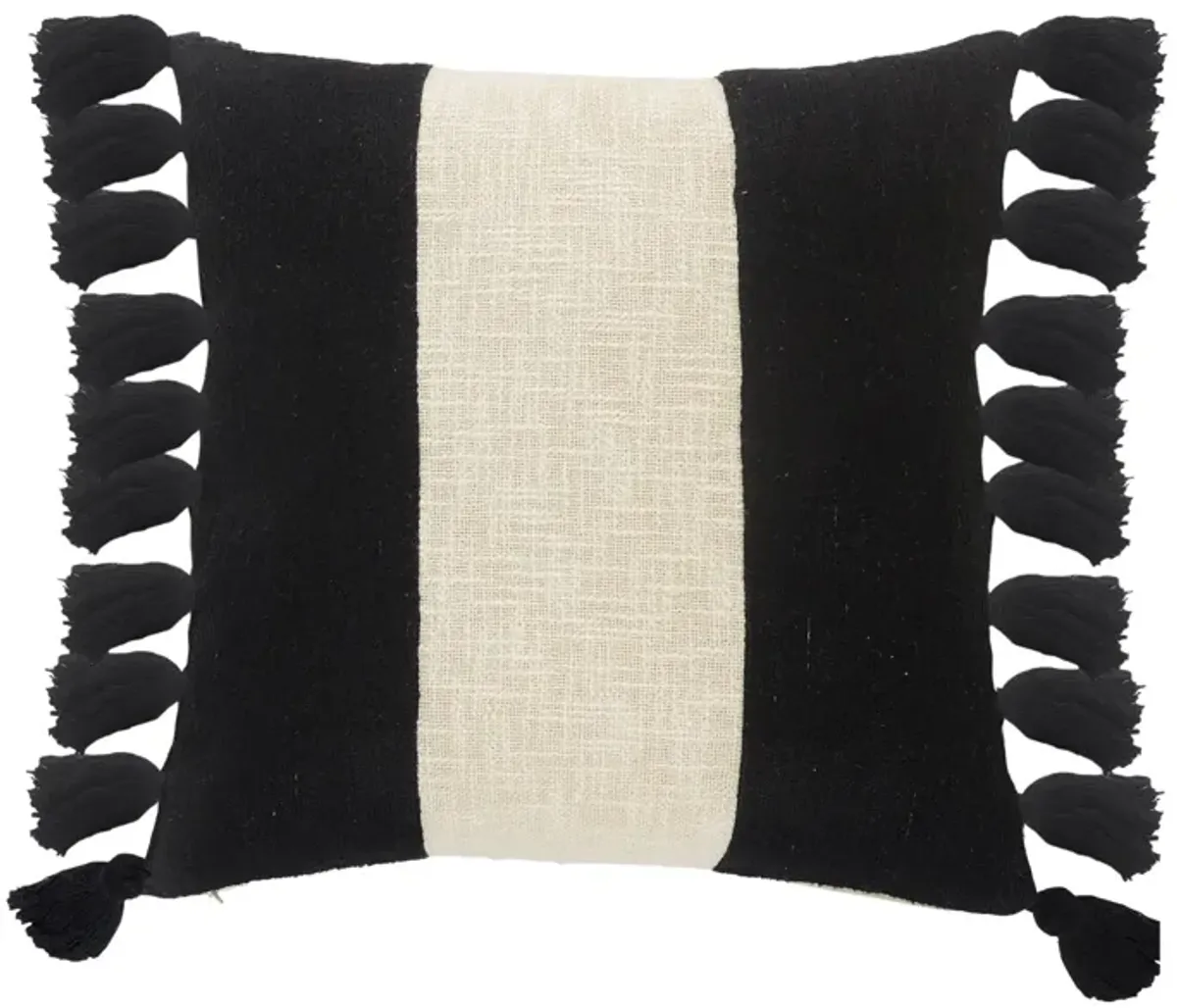 20" Off-White and Black Striped Pattern Square Throw Pillow with Fringe