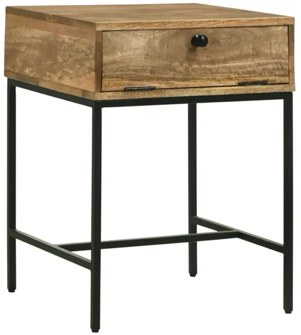 Benjara 24 Inch End Table with Slender Iron Base, Honey Mango Wood Frame, Brown and Black