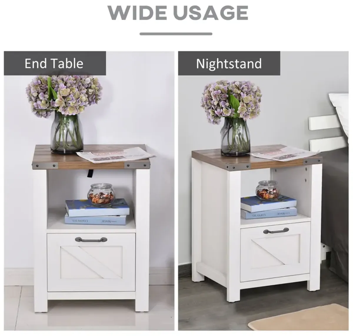 White Industrial Nightstand: Side Table with Drawer and Shelf