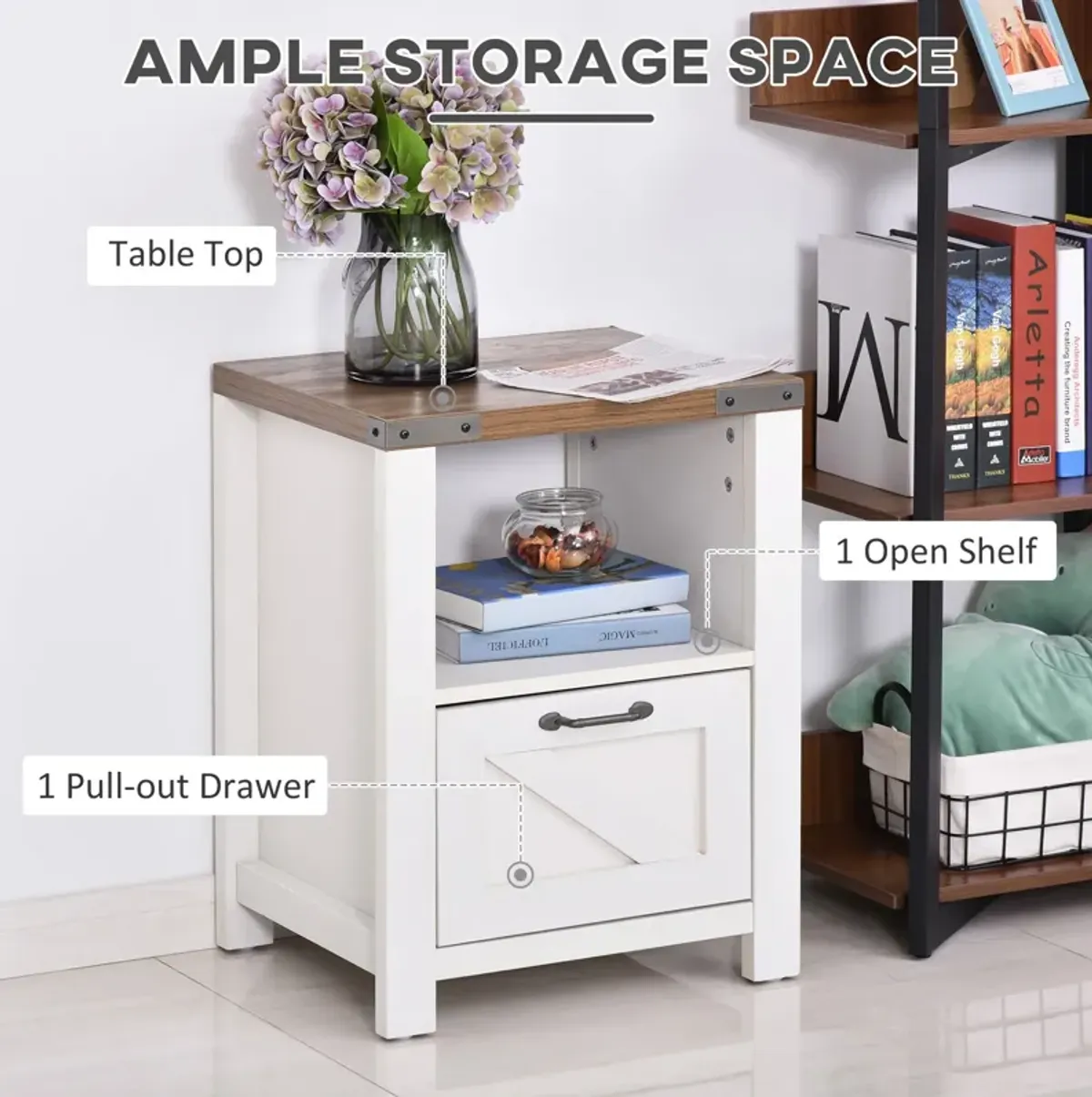 White Industrial Nightstand: Side Table with Drawer and Shelf