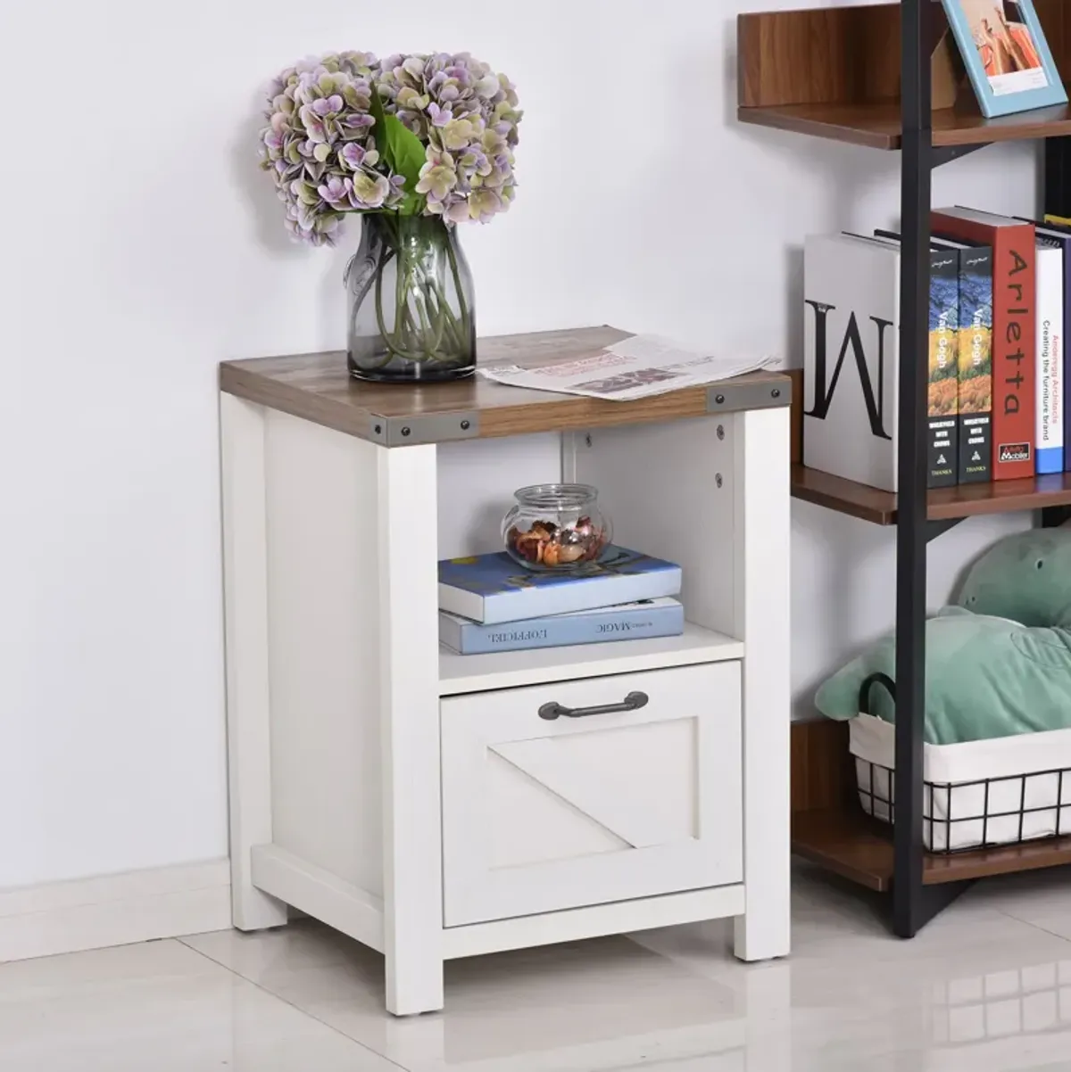 White Industrial Nightstand: Side Table with Drawer and Shelf