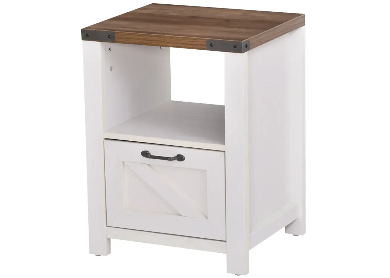 White Industrial Nightstand: Side Table with Drawer and Shelf