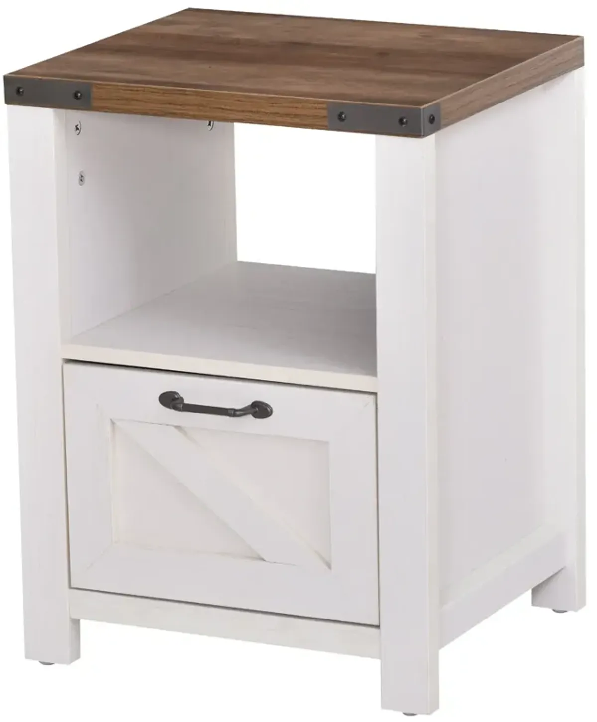 White Industrial Nightstand: Side Table with Drawer and Shelf