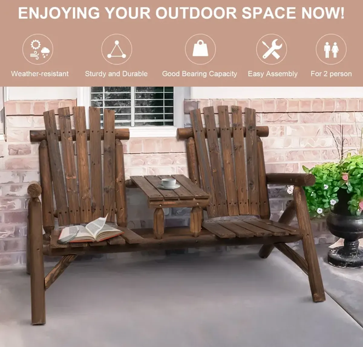 Carbonized Outdoor Duo: Wood Adirondack Chair Bench with Center Table