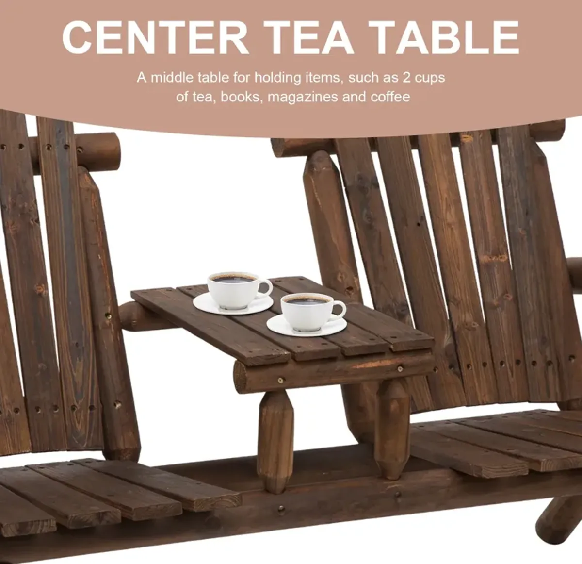 Carbonized Outdoor Duo: Wood Adirondack Chair Bench with Center Table