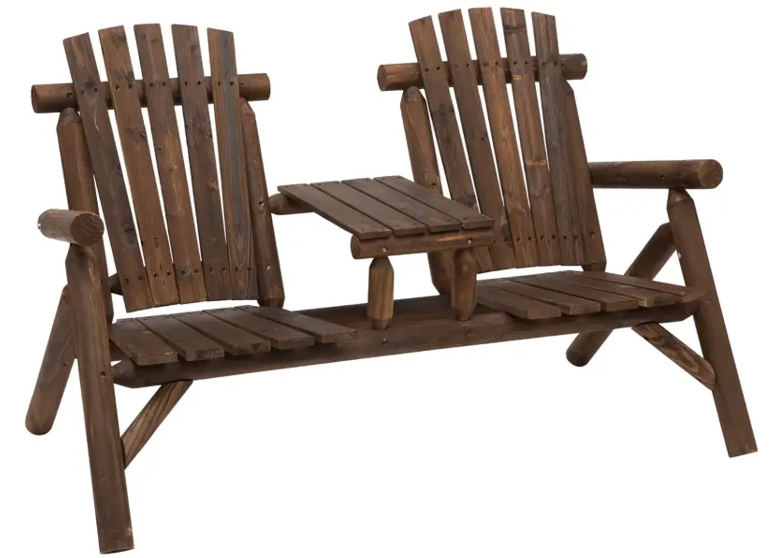 Carbonized Outdoor Duo: Wood Adirondack Chair Bench with Center Table