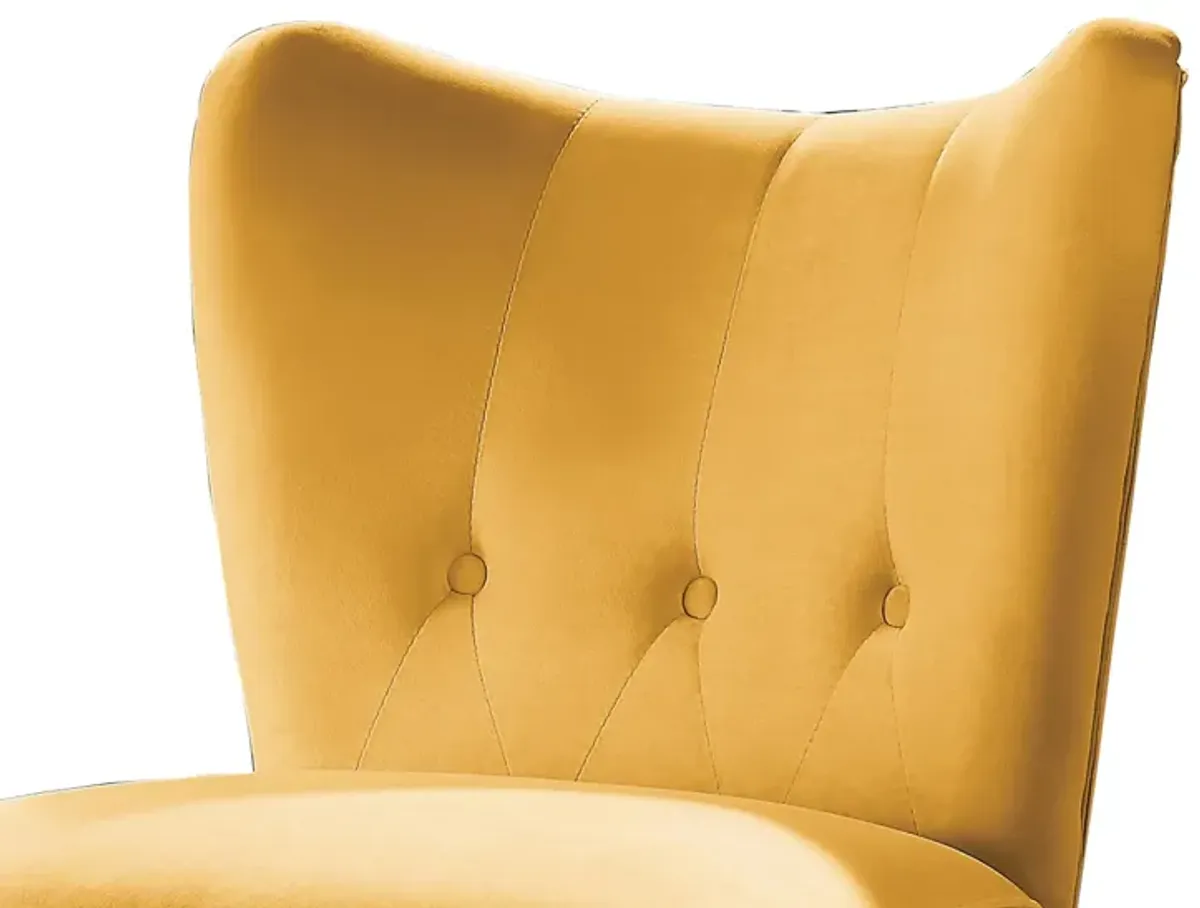 Upholstered Armless Accent Chair with Flared Back and Button Tufting, Yellow-Benzara