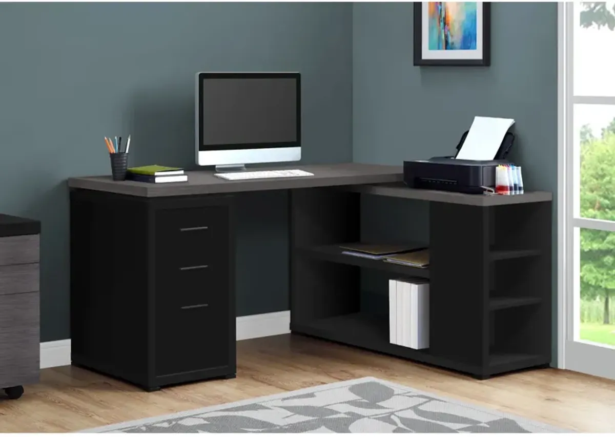 Computer Desk, Home Office, Corner, Left, Right Set-Up, Storage Drawers, L Shape, Work, Laptop, Laminate, Black, Grey, Contemporary, Modern