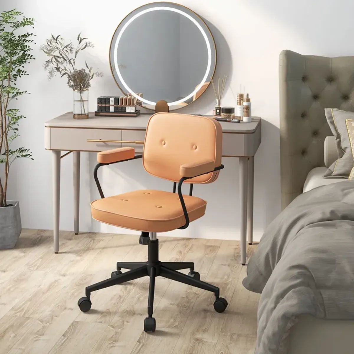 PU Leather Office Chair with Rocking Backrest and Ergonomic Armrest-Orange