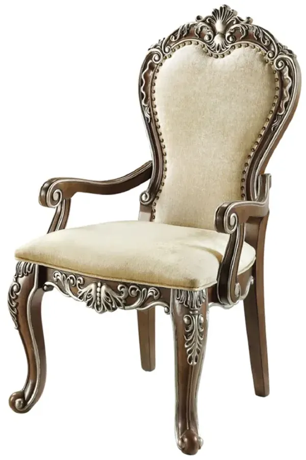 24 Inch Classic Upholstered Armchair, Scrolled Details, Nailhead, Brown - Benzara
