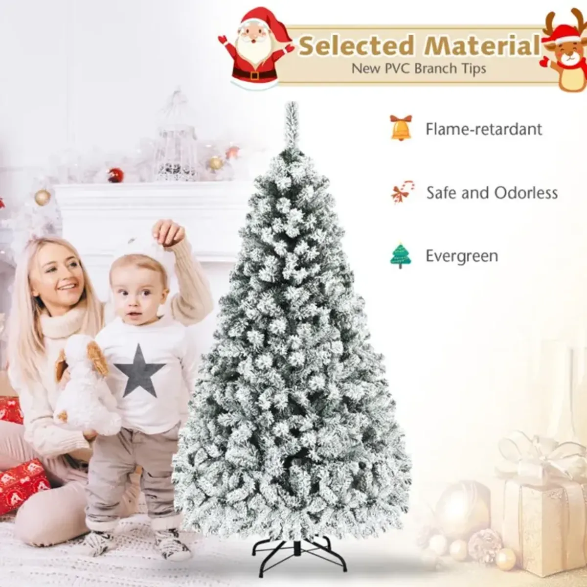 Hivvago Pre-Lit Premium Snow Flocked Hinged Artificial Christmas Tree