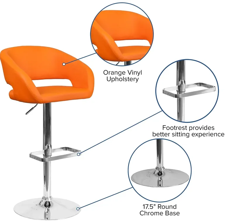 Flash Furniture Erik Comfortable & Stylish Contemporary Barstool with Rounded Mid-Back and Foot Rest, Adjustable Height - Orange Vinyl with Chrome Base