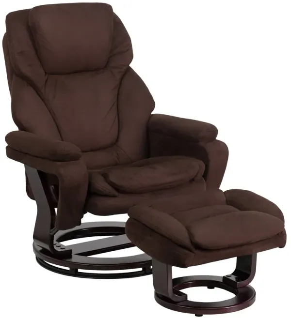 Flash Furniture Austin Contemporary Multi-Position Recliner and Ottoman with Swivel Mahogany Wood Base in Brown Microfiber