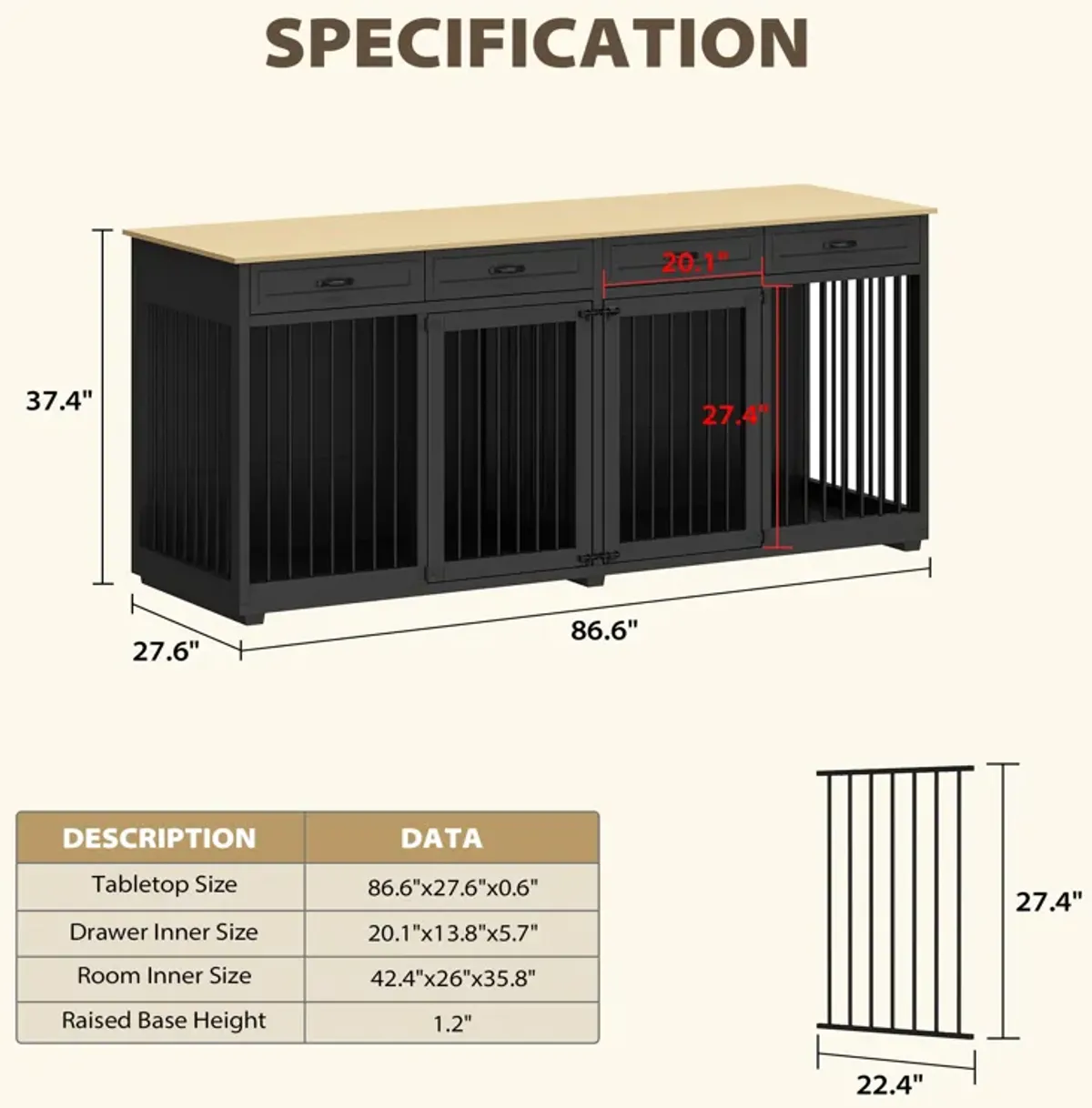 Black Large Dog Crate Furniture Wooden Dog Crate Kennel with 4-Drawers and Divider Dog Crates for 2 Large Dogs, 86.6 in.