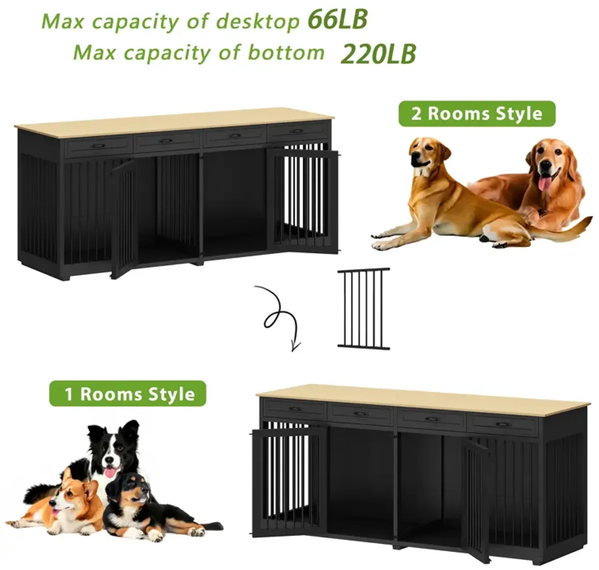 Black Large Dog Crate Furniture Wooden Dog Crate Kennel with 4-Drawers and Divider Dog Crates for 2 Large Dogs, 86.6 in.