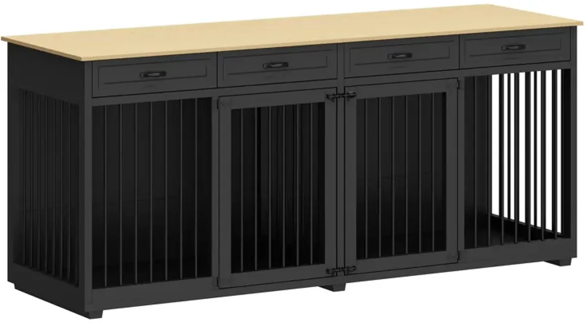 Black Large Dog Crate Furniture Wooden Dog Crate Kennel with 4-Drawers and Divider Dog Crates for 2 Large Dogs, 86.6 in.