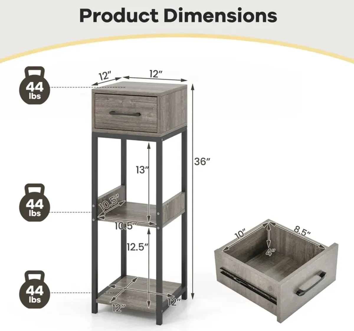 3 Tier Tall Plant Stand with Drawer Anti-tipping Devices-Grey