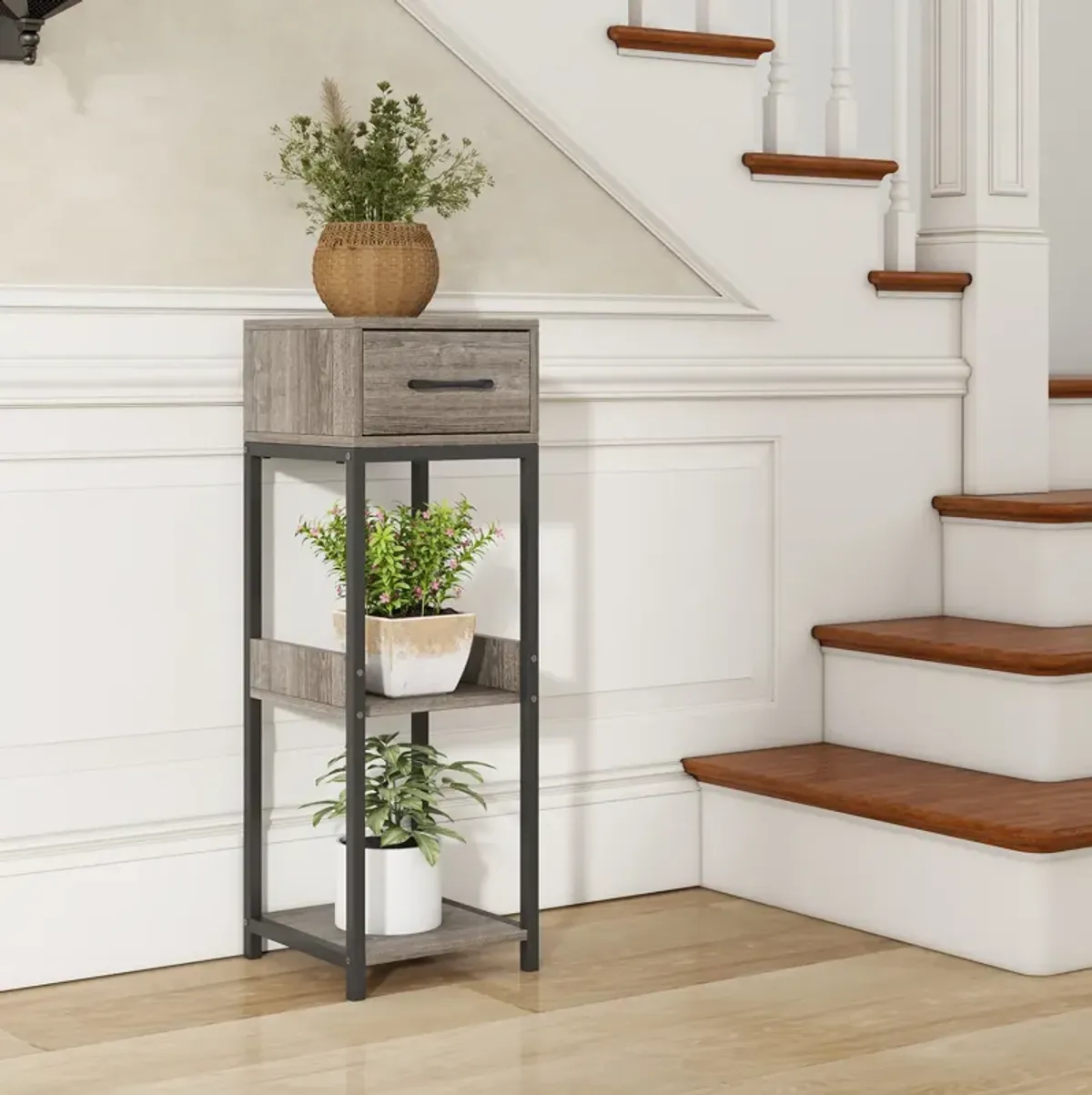 3 Tier Tall Plant Stand with Drawer Anti-tipping Devices-Grey