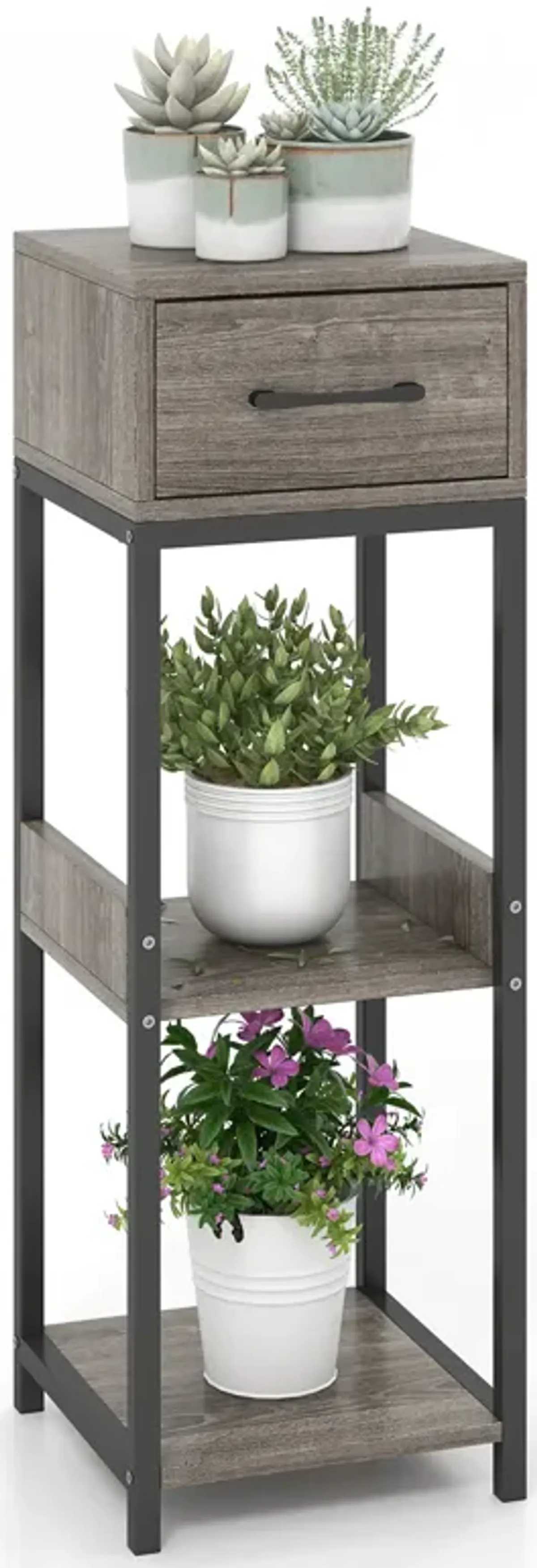 3 Tier Tall Plant Stand with Drawer Anti-tipping Devices-Grey