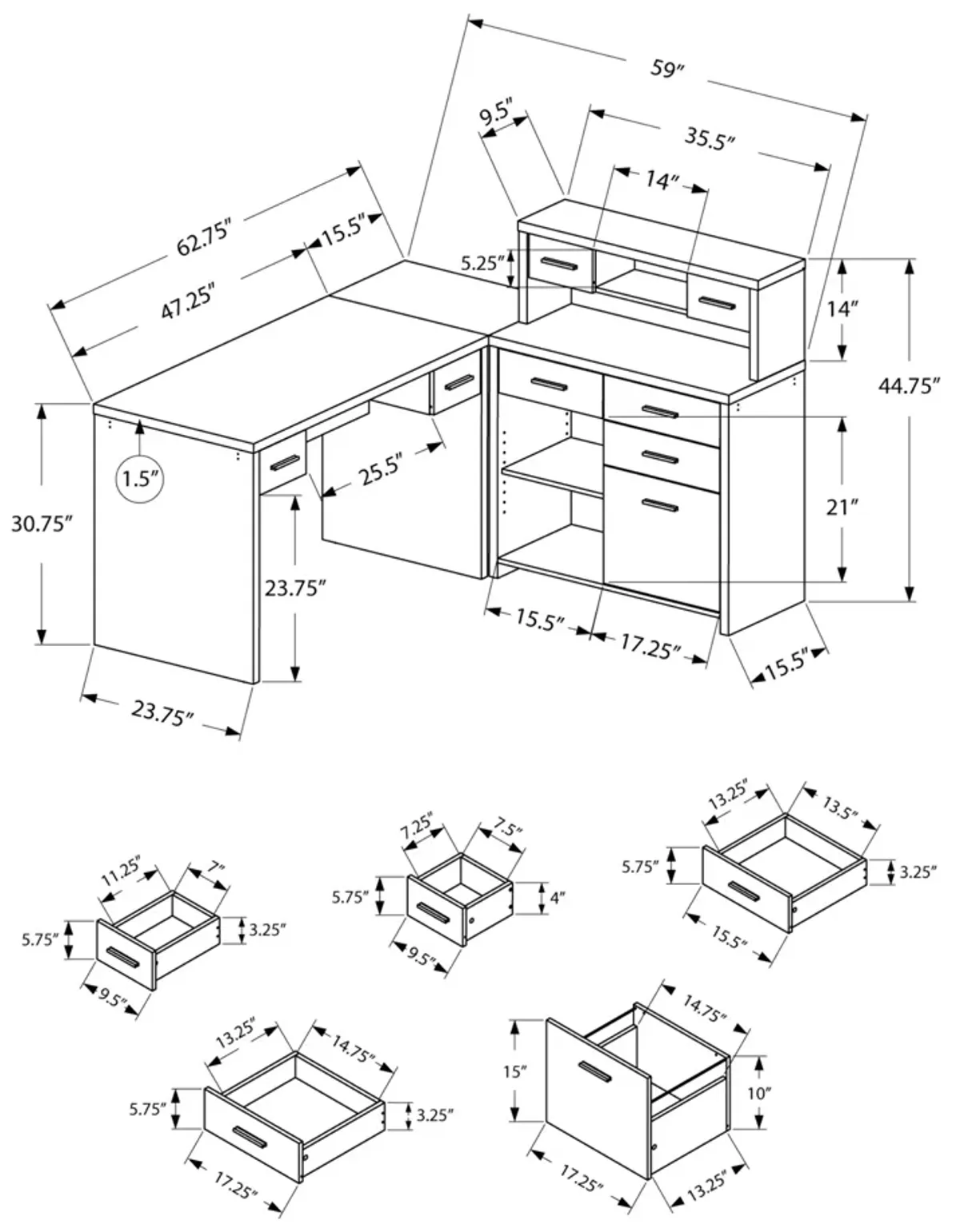 Monarch Specialties Computer Desk, Home Office, Corner, Left, Right Set-Up, Storage Drawers, L Shape, Work, Laptop, Laminate, Grey, Contemporary, Modern