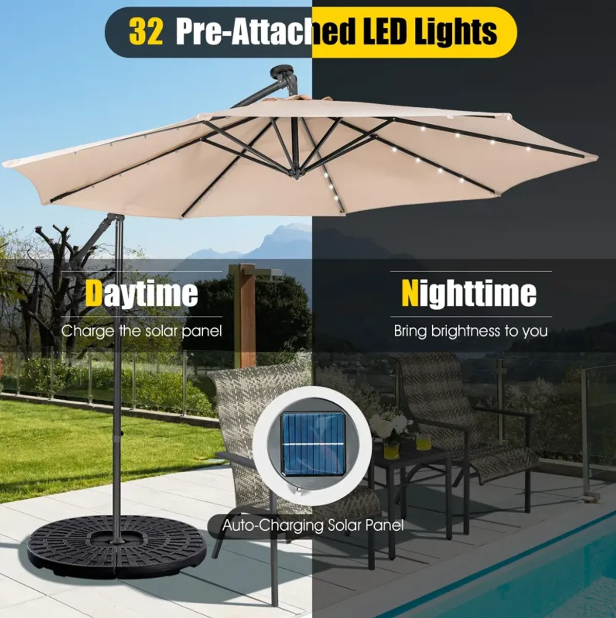 10 Feet Patio Solar Powered Cantilever Umbrella with Tilting System