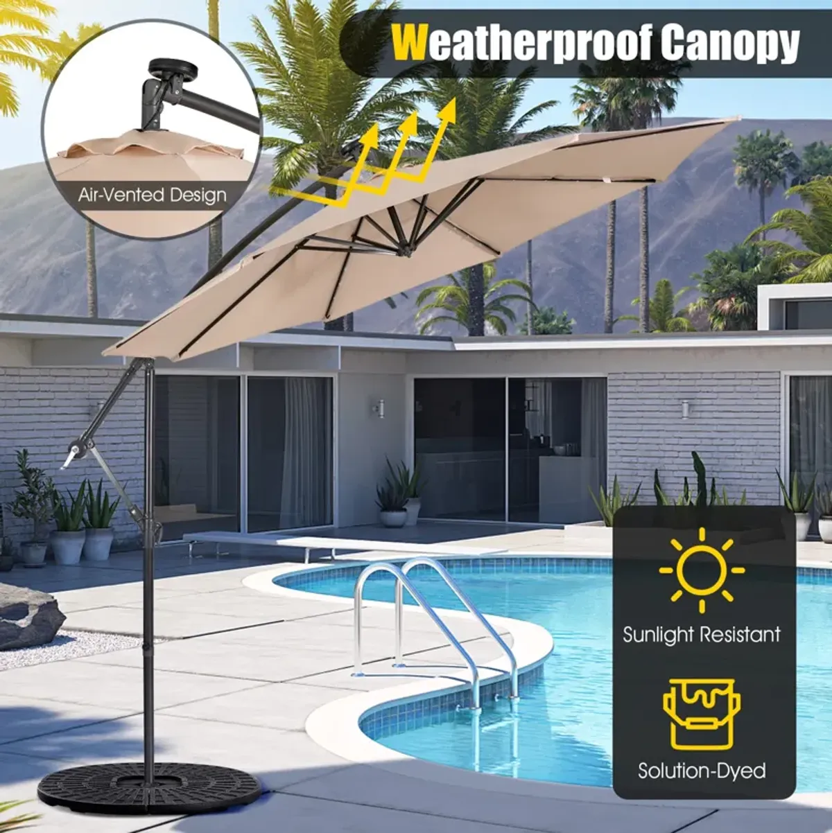 10 Feet Patio Solar Powered Cantilever Umbrella with Tilting System