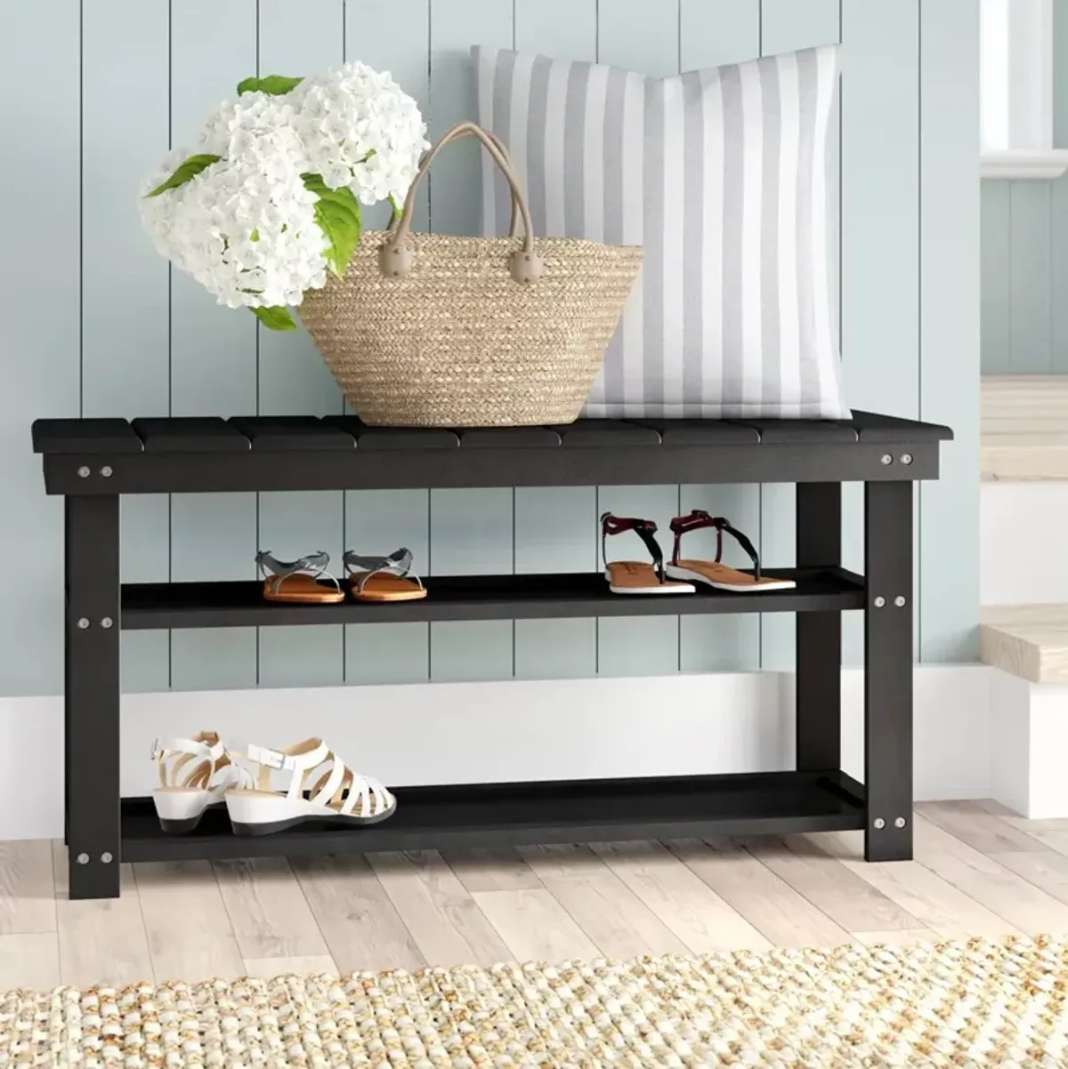 QuikFurn Black Wooden 2-Shelf Shoe Rack Storage Bench for Entryway or Closet