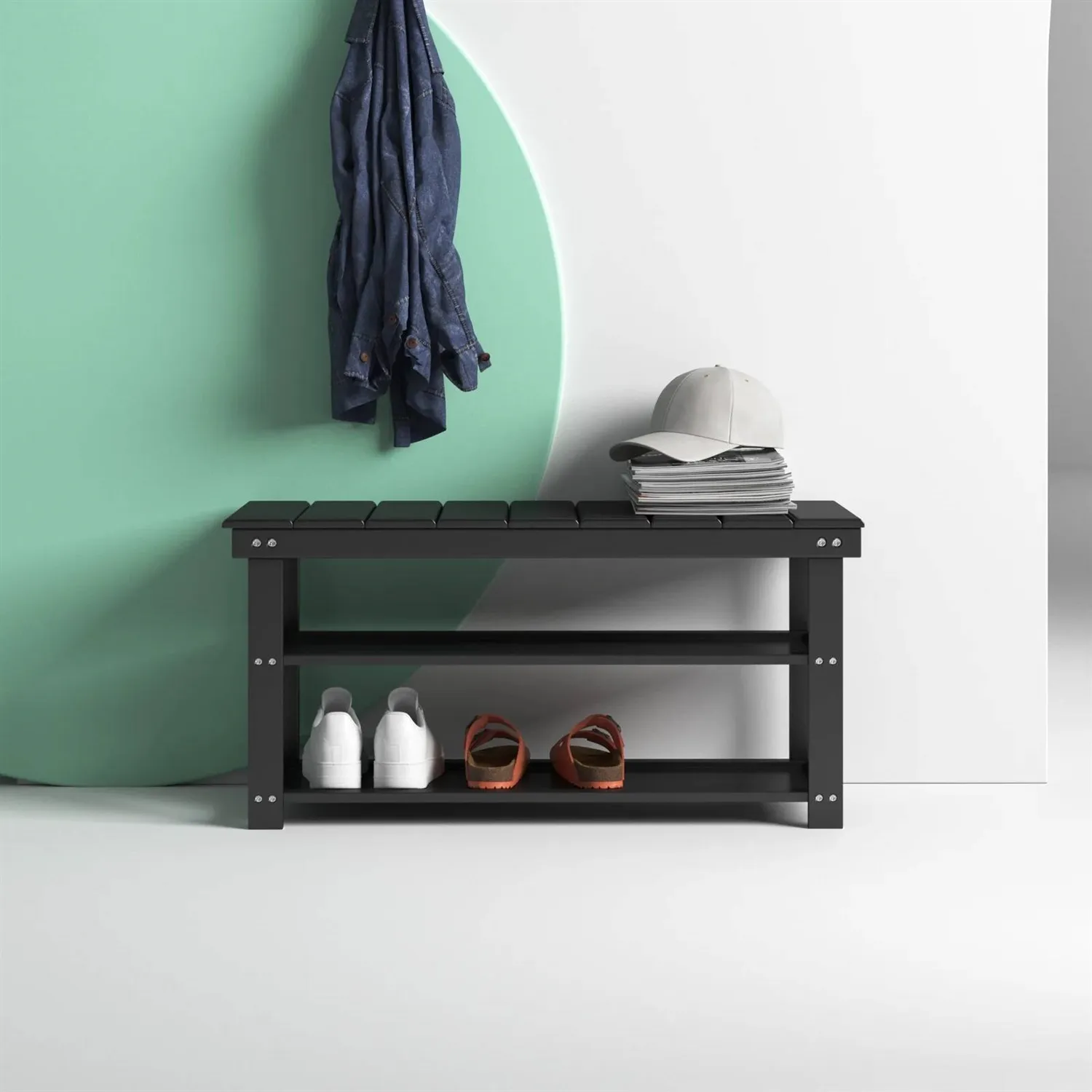 QuikFurn Black Wooden 2-Shelf Shoe Rack Storage Bench for Entryway or Closet