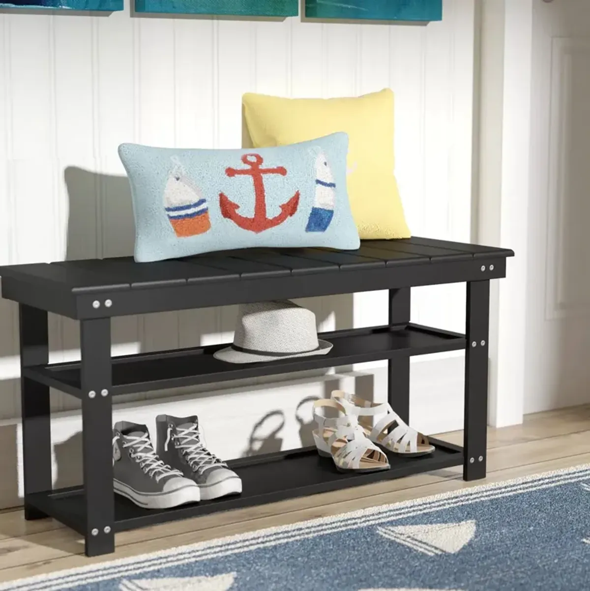 QuikFurn Black Wooden 2-Shelf Shoe Rack Storage Bench for Entryway or Closet