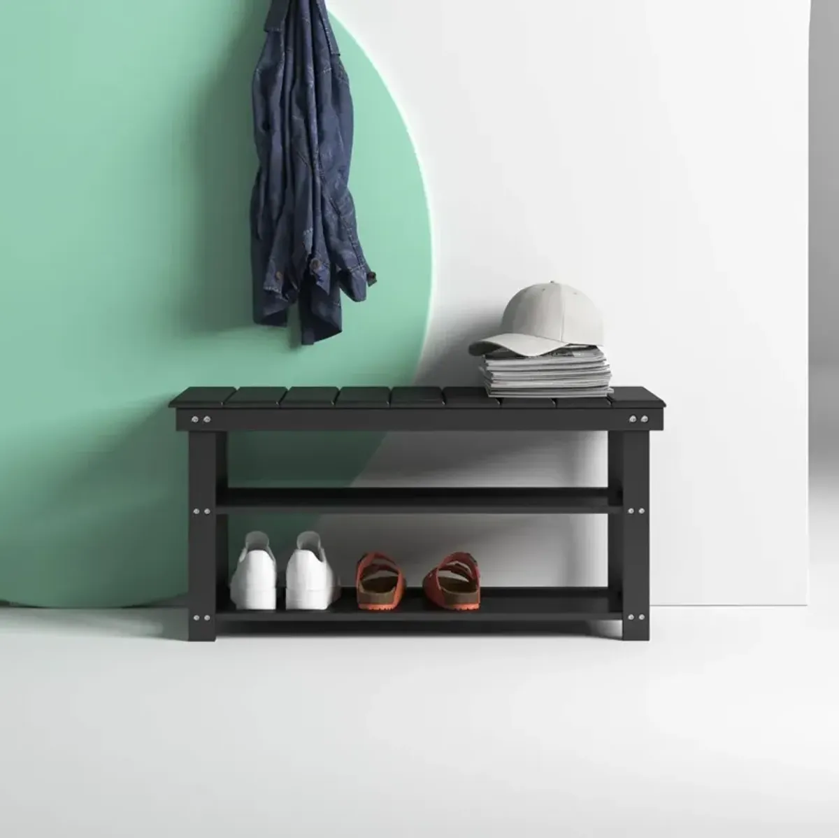 QuikFurn Black Wooden 2-Shelf Shoe Rack Storage Bench for Entryway or Closet