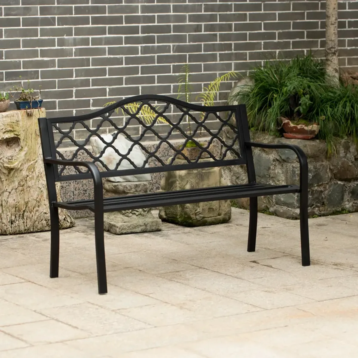 Gardenised Outdoor Garden Patio Steel Park Bench Lawn Decor with Cast Iron Back, Black Seating bench for Yard, Patio, Garden and Deck