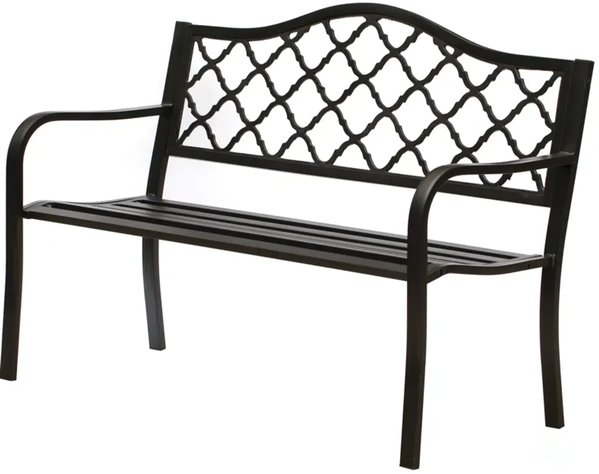 Gardenised Outdoor Garden Patio Steel Park Bench Lawn Decor with Cast Iron Back, Black Seating bench for Yard, Patio, Garden and Deck