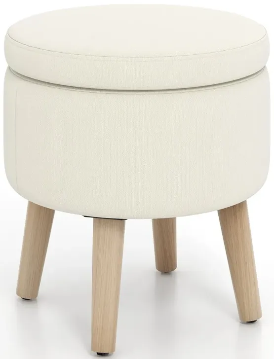 Round Storage Ottoman with Rubber Wood Legs and Adjustable Foot Pads