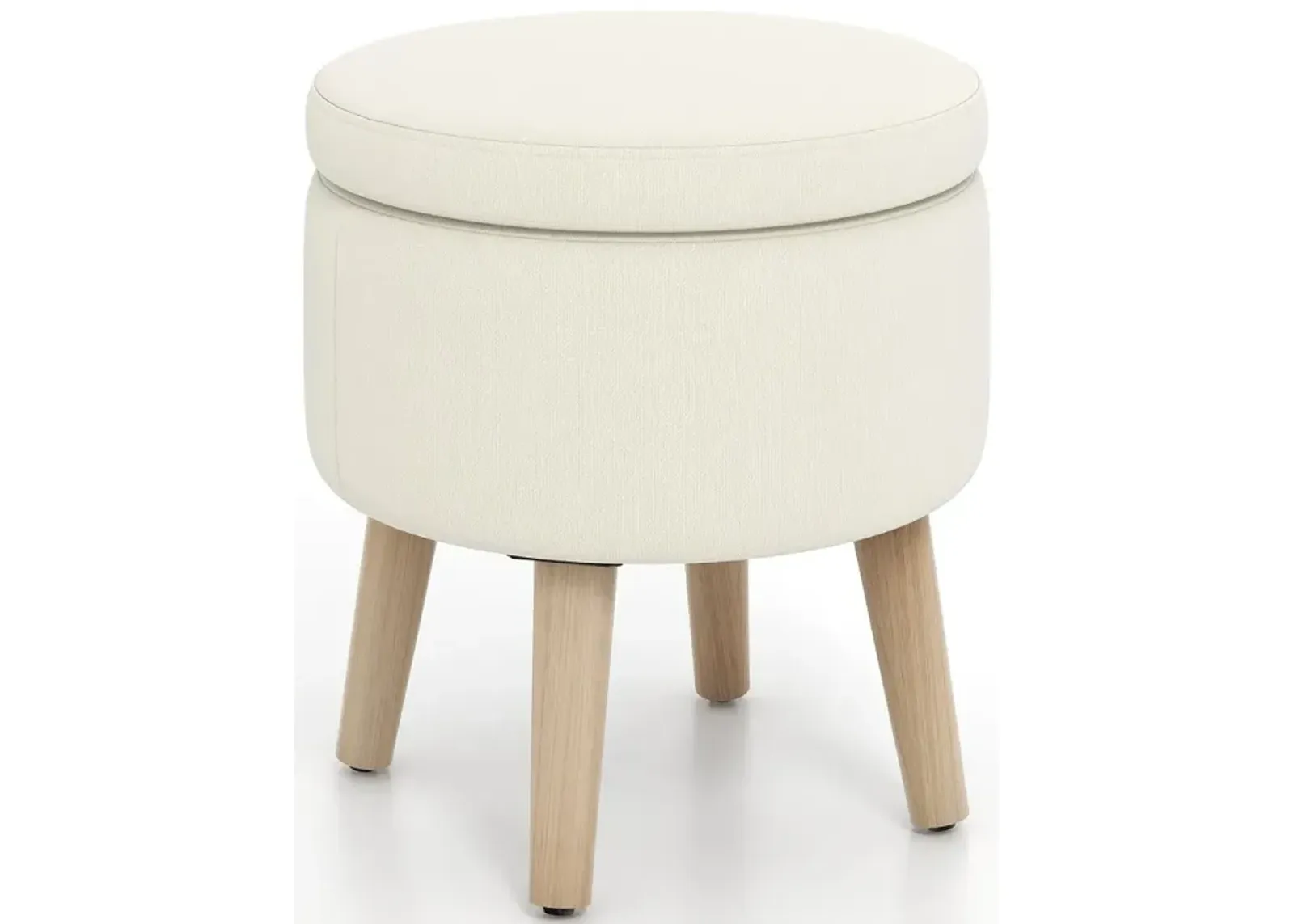 Round Storage Ottoman with Rubber Wood Legs and Adjustable Foot Pads