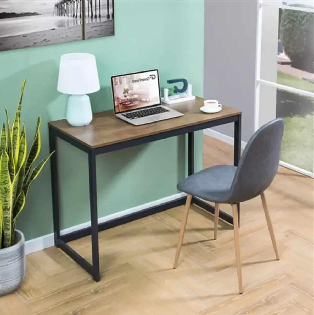 Compact Modern Laptop Desk with Metal Frame and Wood Top for Home Office