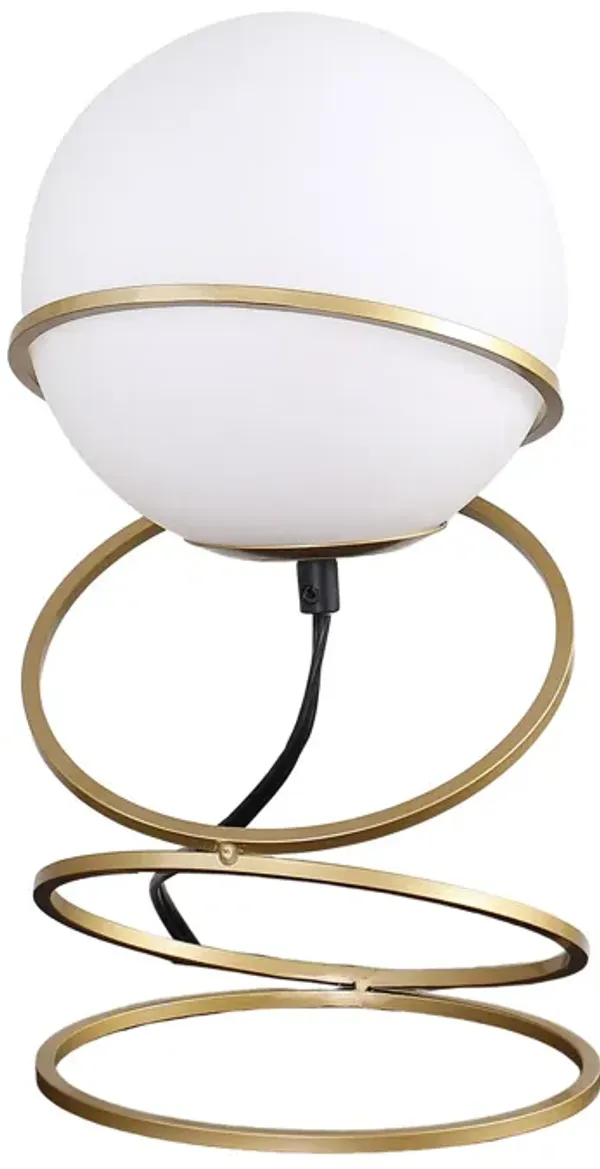 Table Lamp, White Glass Globe, 4 Spiral Ring Accented Base 14 Inch - Benzara
