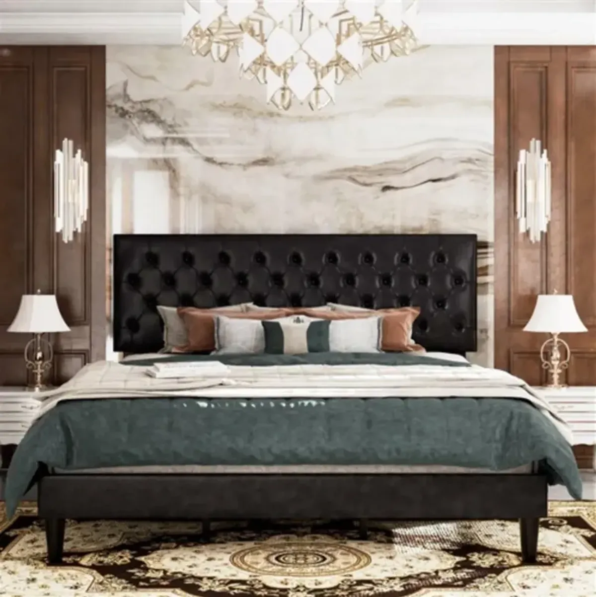 Hivvago Full Black Faux Leather Upholstered Platform Bed with Button Tufted Headboard