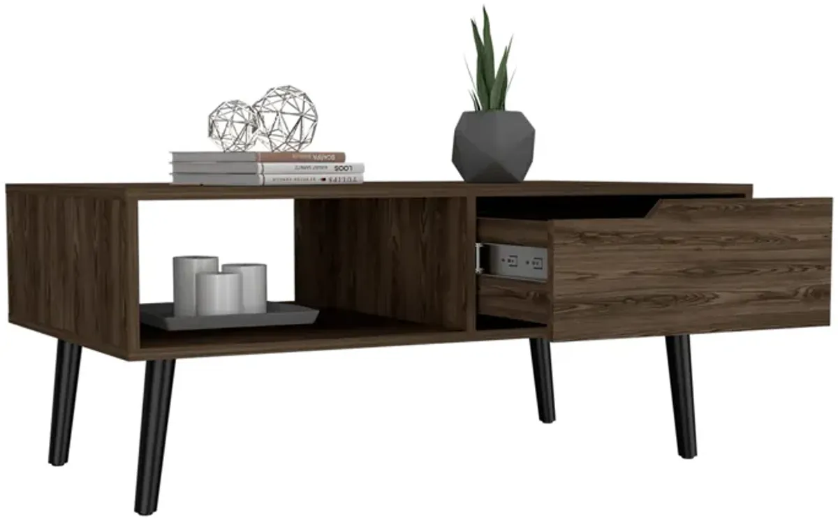 Oslo Coffee Table, One Drawer, One Open Shelf, Four Legs -Dark Walnut