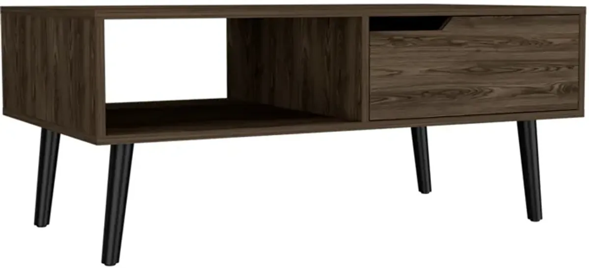 Oslo Coffee Table, One Drawer, One Open Shelf, Four Legs -Dark Walnut