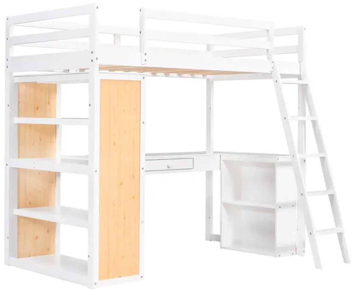 Twin Size Loft Bed With Ladder, Shelves, And Desk, White