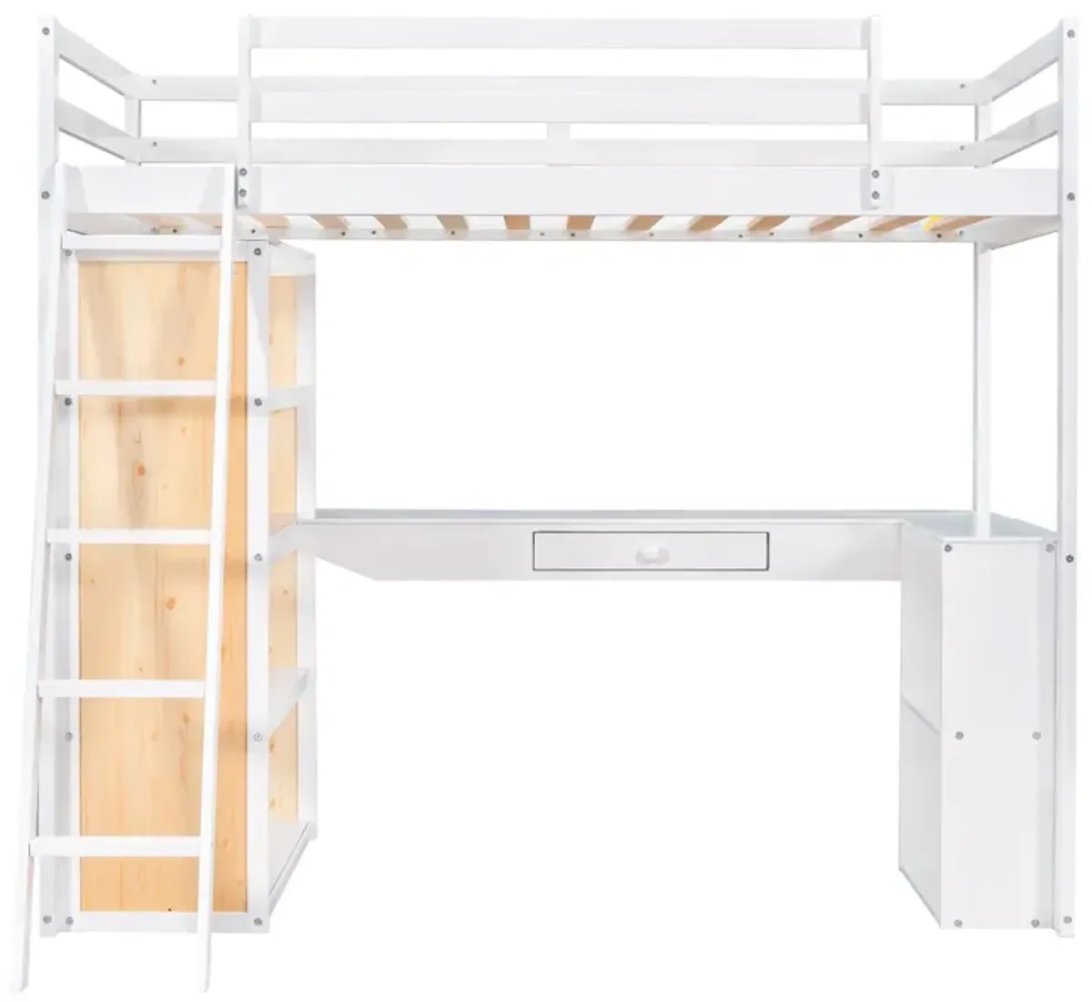 Twin Size Loft Bed With Ladder, Shelves, And Desk, White