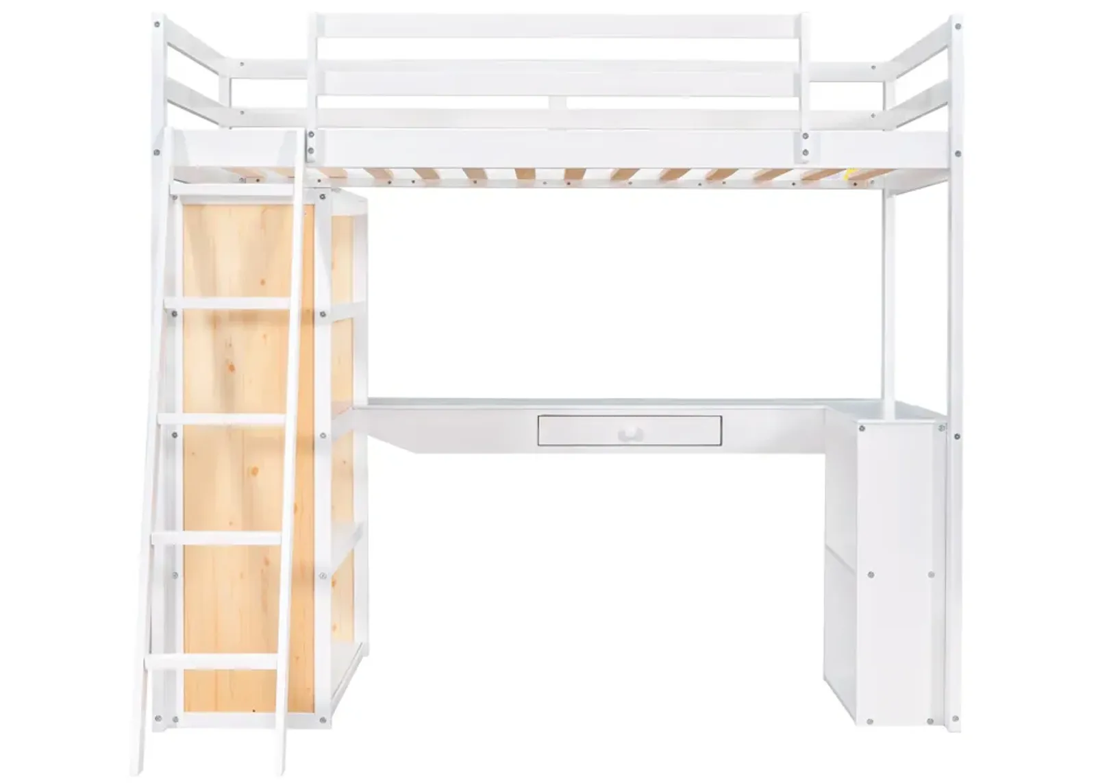 Twin Size Loft Bed With Ladder, Shelves, And Desk, White