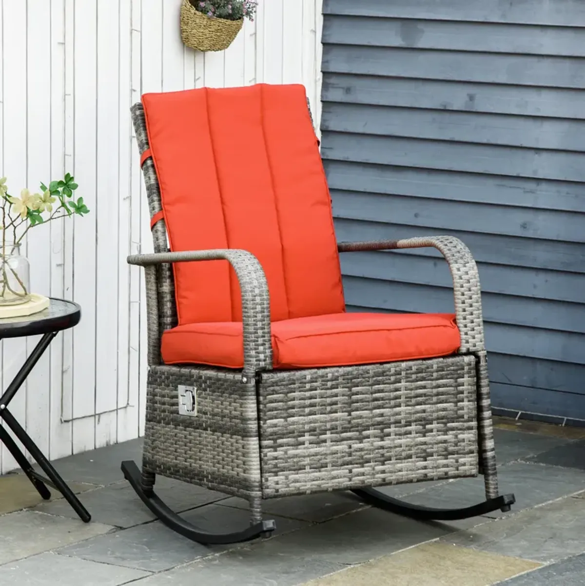 Red Outdoor Comfort: Wicker Rocking Chair with Adjustable Footrest