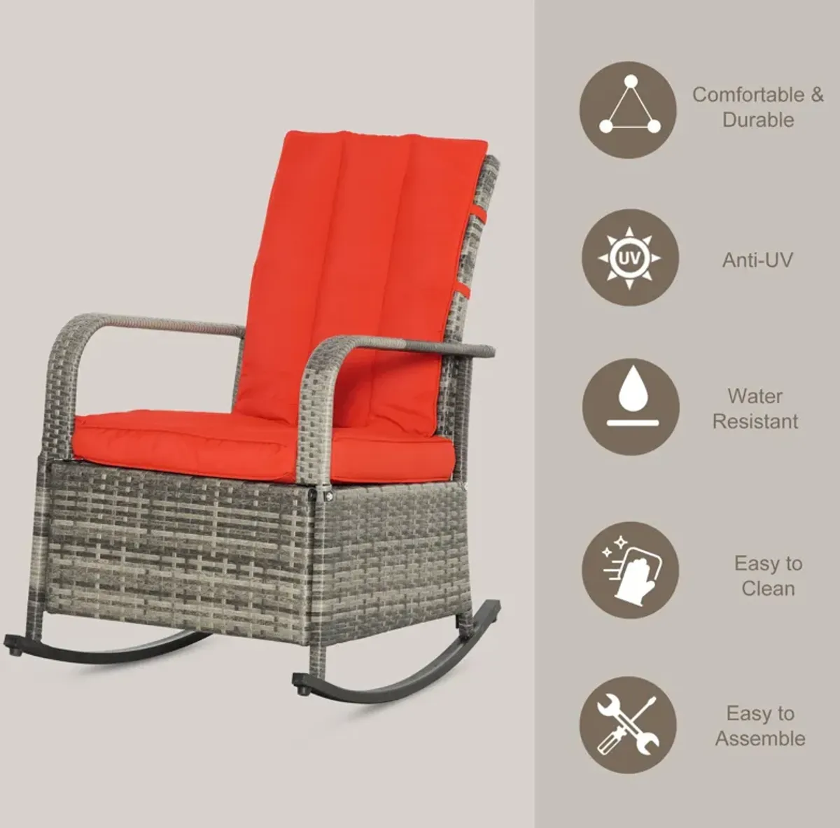 Red Outdoor Comfort: Wicker Rocking Chair with Adjustable Footrest